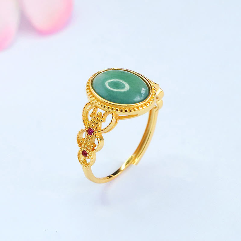 Natural Jade and 925 Sterling Silver Gold Plated Hollow Design Ring