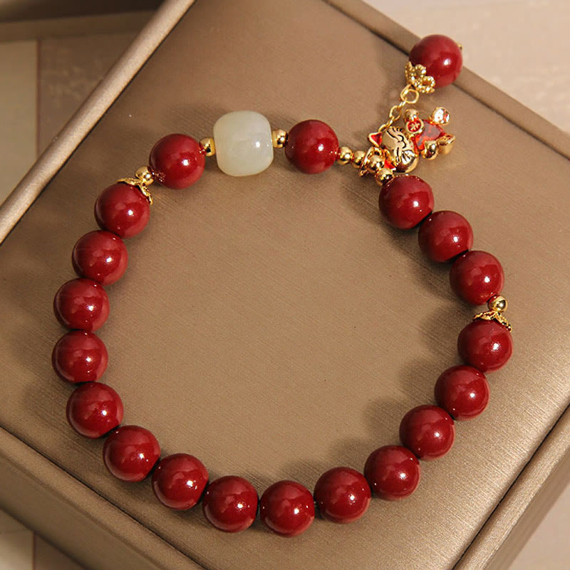Natural Lucky Cat Pendant Cinnabar Blessing Bracelet