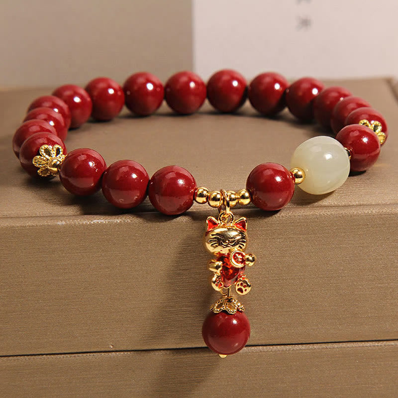 Natural Lucky Cat Pendant Cinnabar Blessing Bracelet