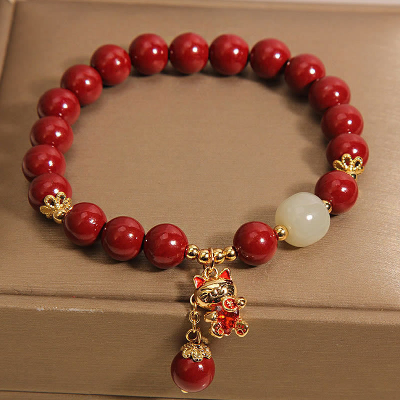 Natural Lucky Cat Pendant Cinnabar Blessing Bracelet
