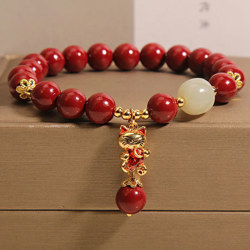 "Wishing You Good Fortune and Joy" Cat Cinnabar Bracelet Includes Gift Message Card