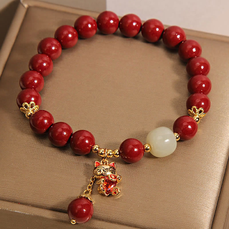 Natural Lucky Cat Pendant Cinnabar Blessing Bracelet