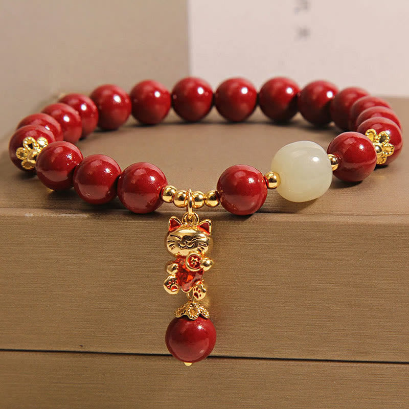 Natural Lucky Cat Pendant Cinnabar Blessing Bracelet