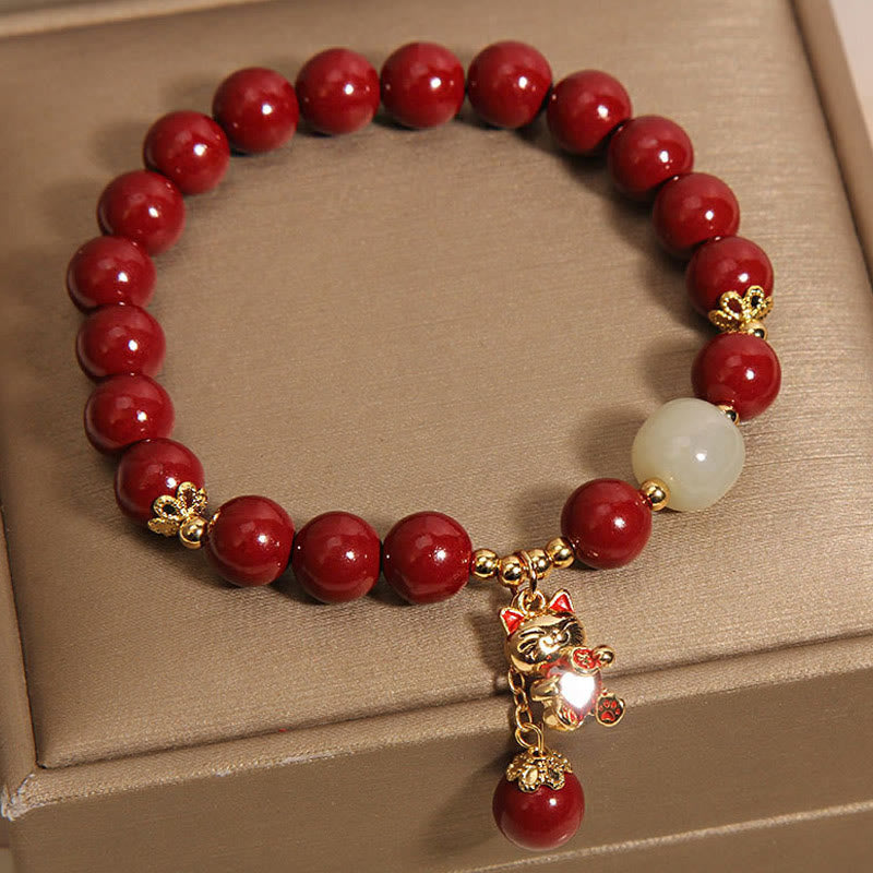 Natural Lucky Cat Pendant Cinnabar Blessing Bracelet