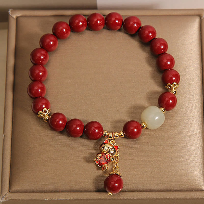 Natural Lucky Cat Pendant Cinnabar Blessing Bracelet