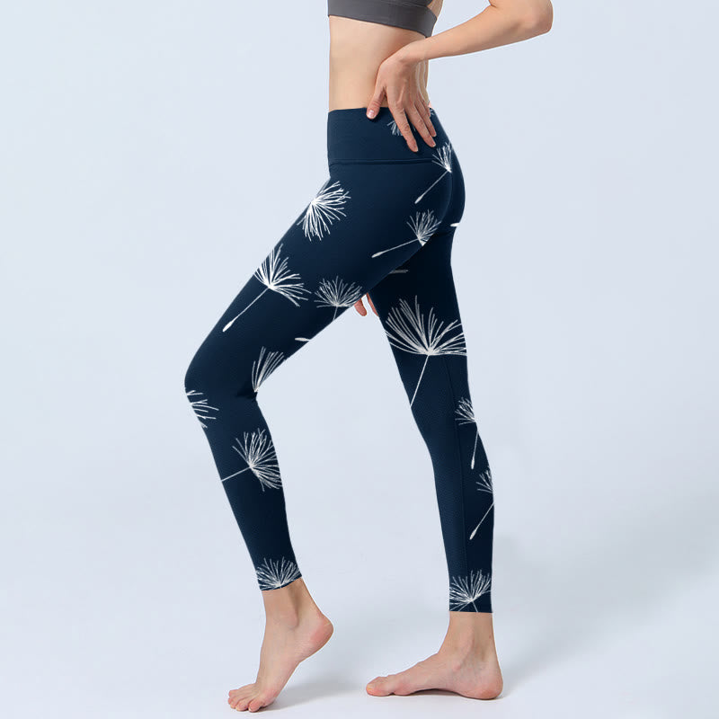 White Dandelions Print Gym Leggings Women's Yoga Pants