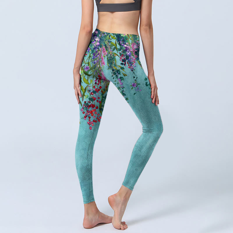 Vibrant Flowers Green Willow Leaves Print Gym Leggings Women's Yoga Pants