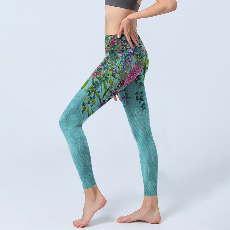 Vibrant Flowers Green Willow Leaves Print Gym Leggings Women's Yoga Pants