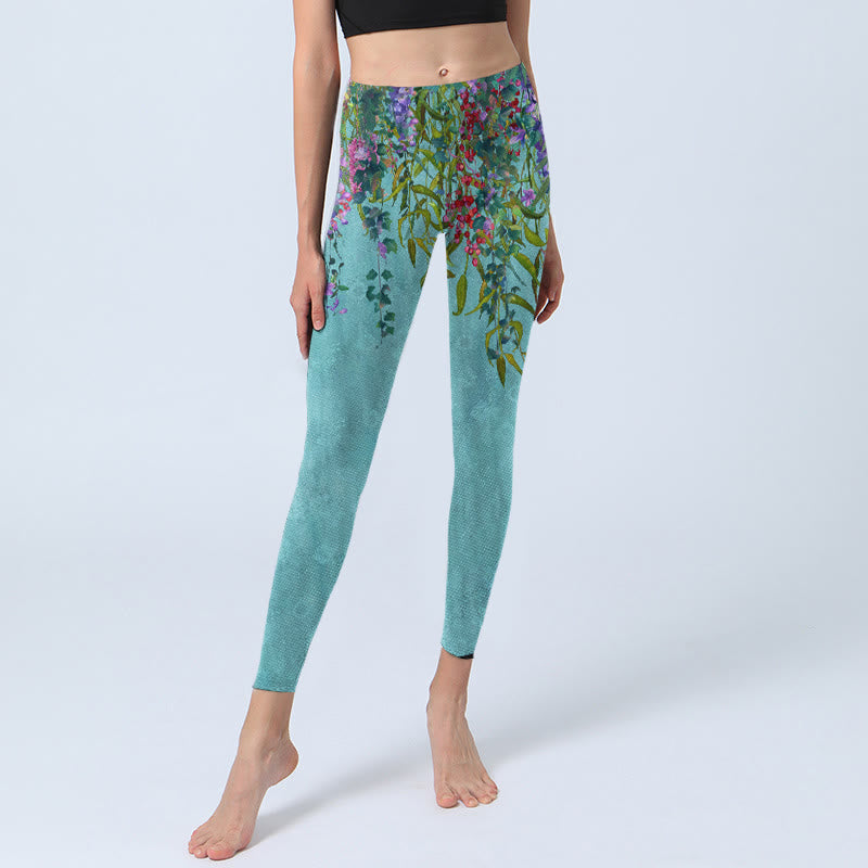 Vibrant Flowers Green Willow Leaves Print Gym Leggings Women's Yoga Pants