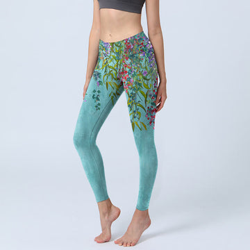Vibrant Flowers Green Willow Leaves Print Gym Leggings Women's Yoga Pants