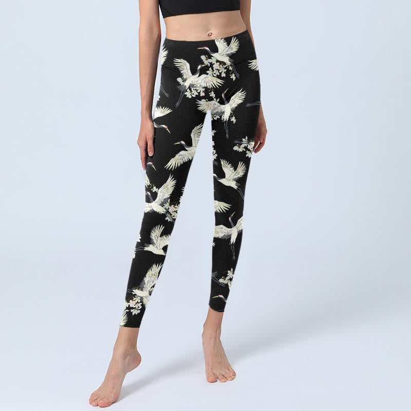 White Cranes Blossoms Print Gym Leggings Women's Yoga Pants