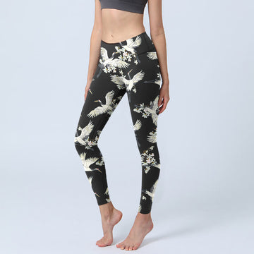 White Cranes Blossoms Print Gym Leggings Women's Yoga Pants