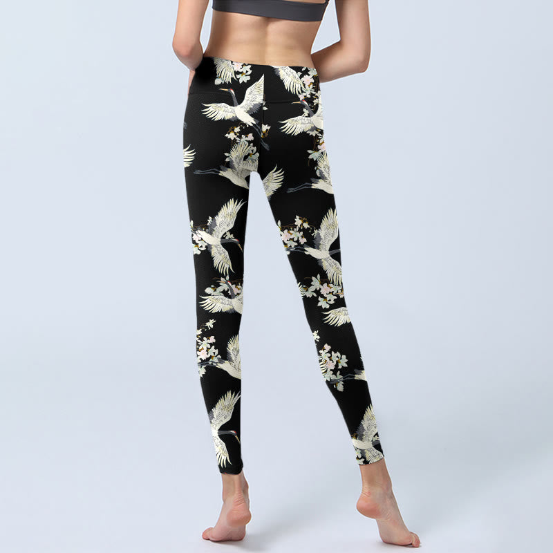 White Cranes Blossoms Print Gym Leggings Women's Yoga Pants