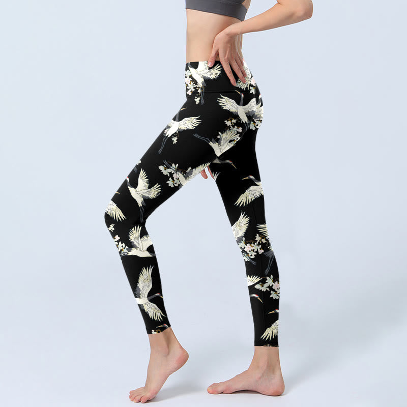 White Cranes Blossoms Print Gym Leggings Women's Yoga Pants