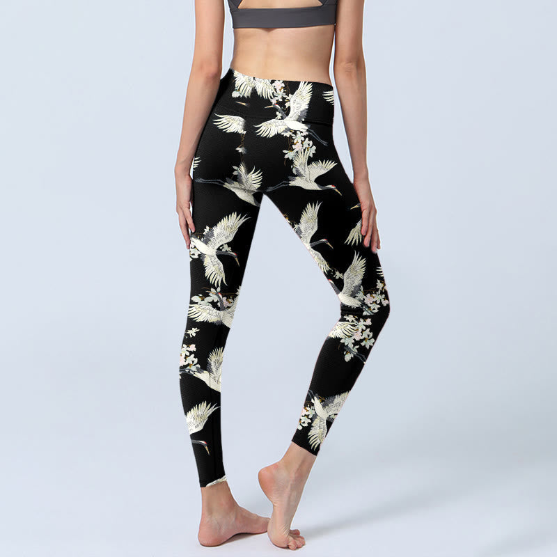 White Cranes Blossoms Print Gym Leggings Women's Yoga Pants