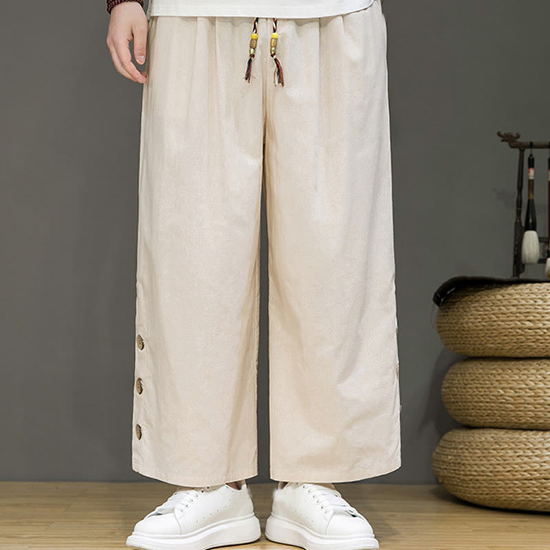 Solid Color Linen Buttons Drawstring Men's Straight Leg Pants With Pockets