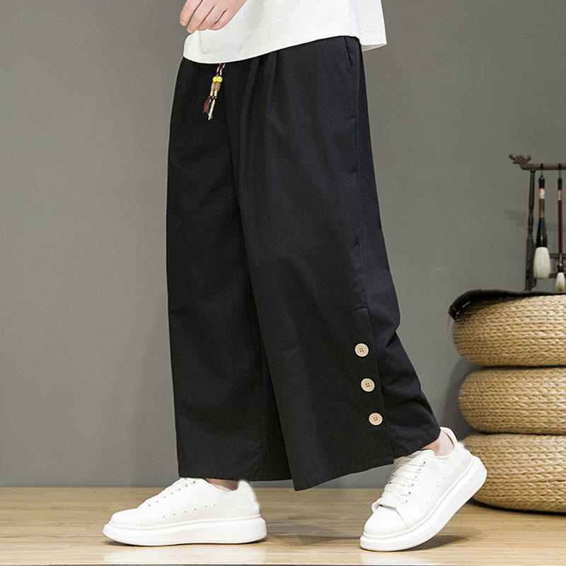 Solid Color Linen Buttons Drawstring Men's Straight Leg Pants With Pockets