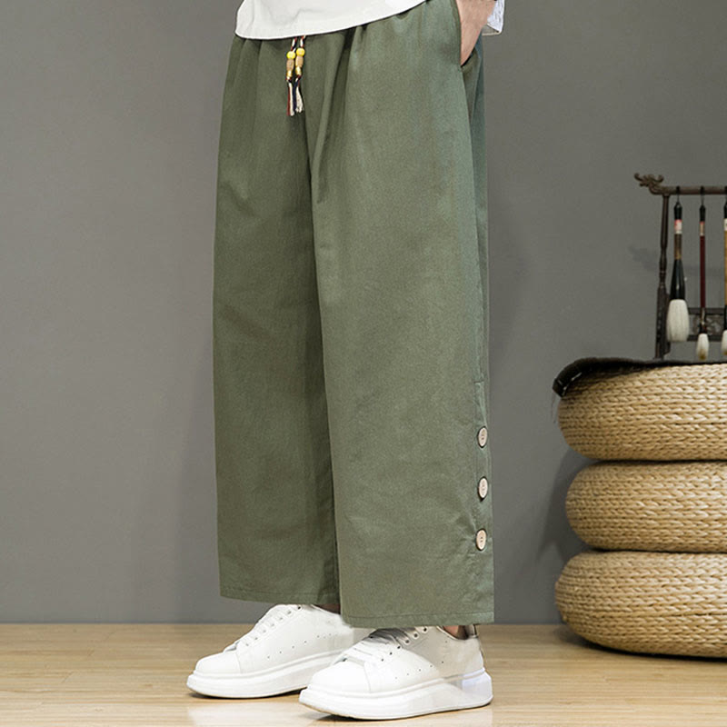 Solid Color Linen Buttons Drawstring Men's Straight Leg Pants With Pockets