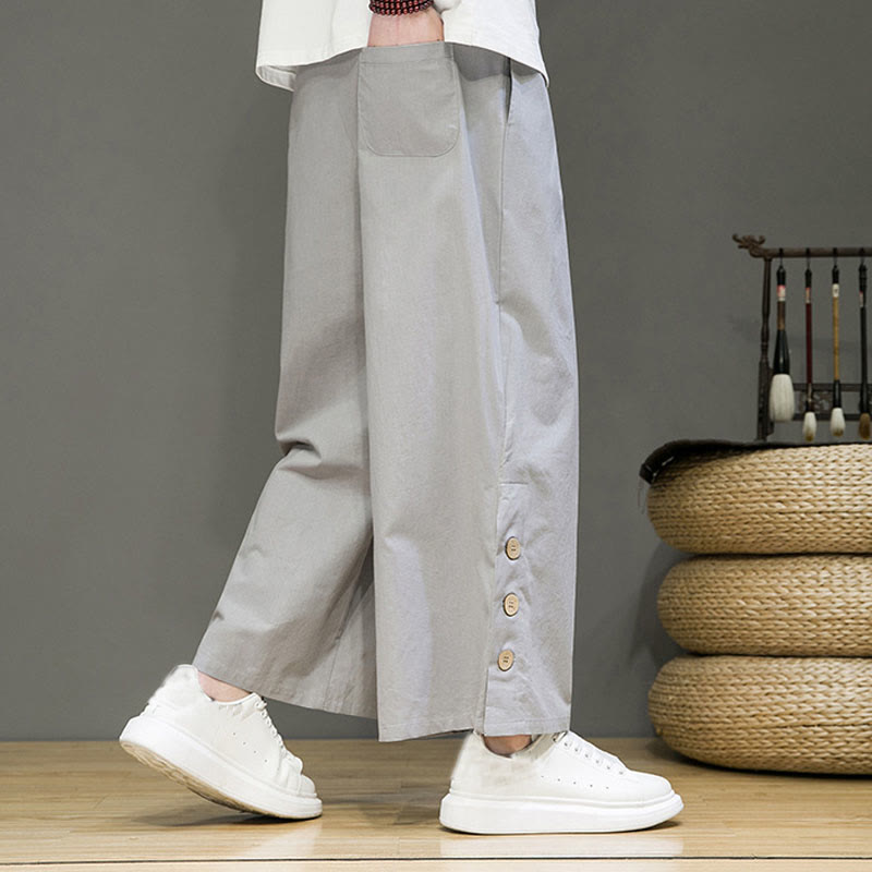 Solid Color Linen Buttons Drawstring Men's Straight Leg Pants With Pockets