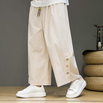 Solid Color Linen Buttons Drawstring Men's Straight Leg Pants With Pockets