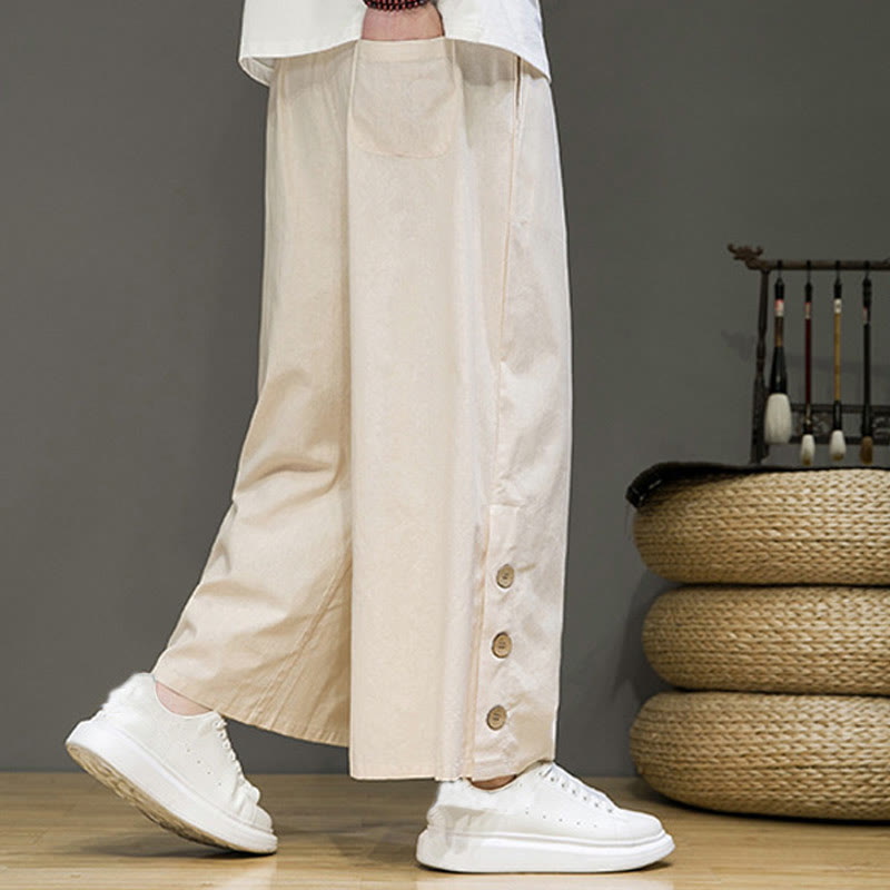 Solid Color Linen Buttons Drawstring Men's Straight Leg Pants With Pockets
