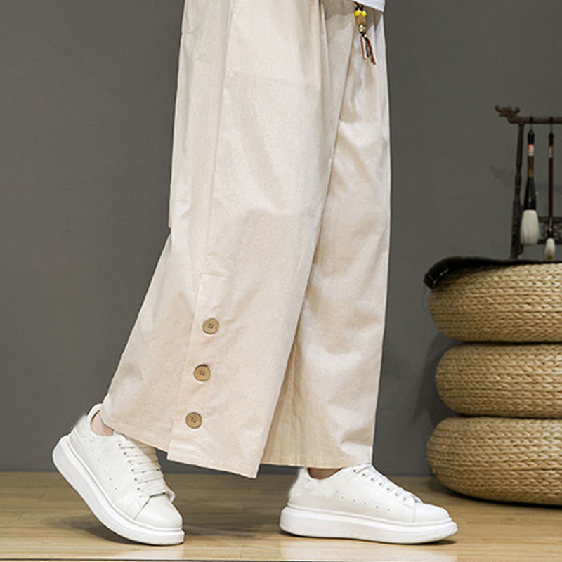 Solid Color Linen Buttons Drawstring Men's Straight Leg Pants With Pockets
