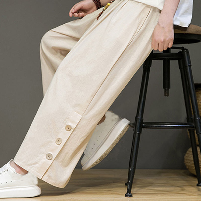 Solid Color Linen Buttons Drawstring Men's Straight Leg Pants With Pockets