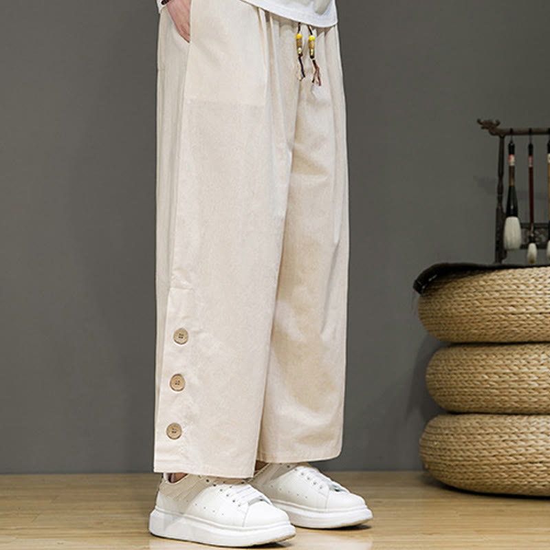 Solid Color Linen Buttons Drawstring Men's Straight Leg Pants With Pockets