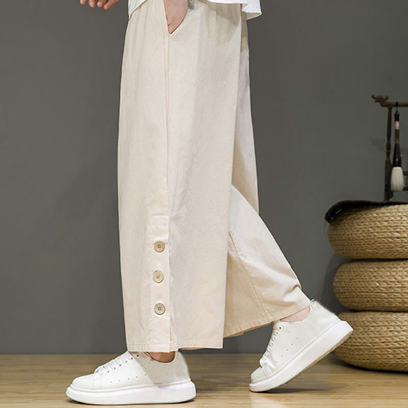 Solid Color Linen Buttons Drawstring Men's Straight Leg Pants With Pockets