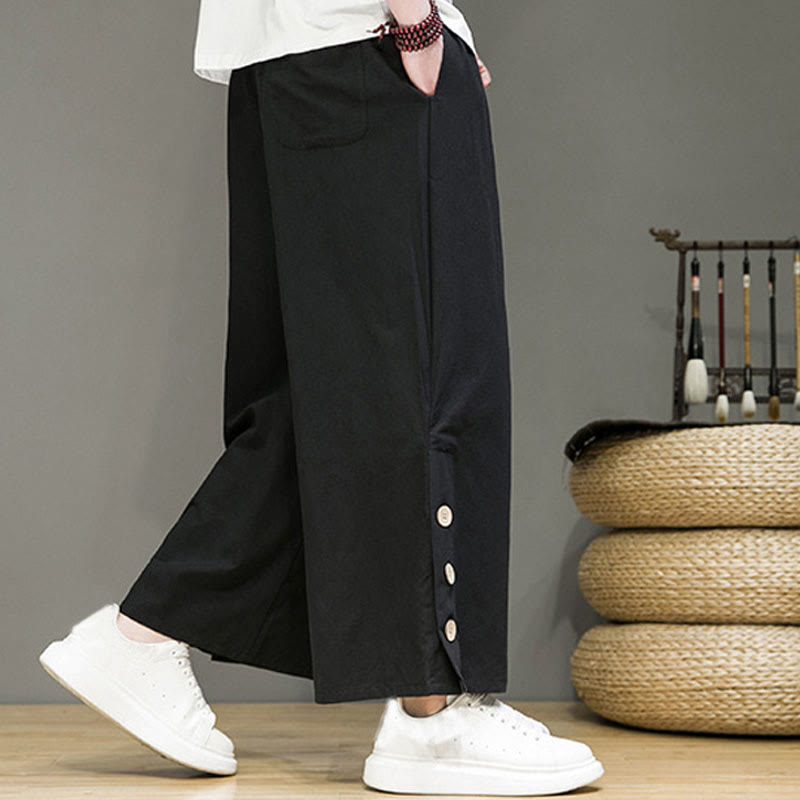 Solid Color Linen Buttons Drawstring Men's Straight Leg Pants With Pockets