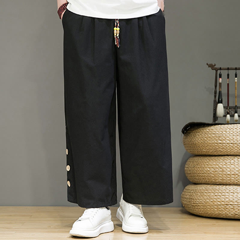 Solid Color Linen Buttons Drawstring Men's Straight Leg Pants With Pockets