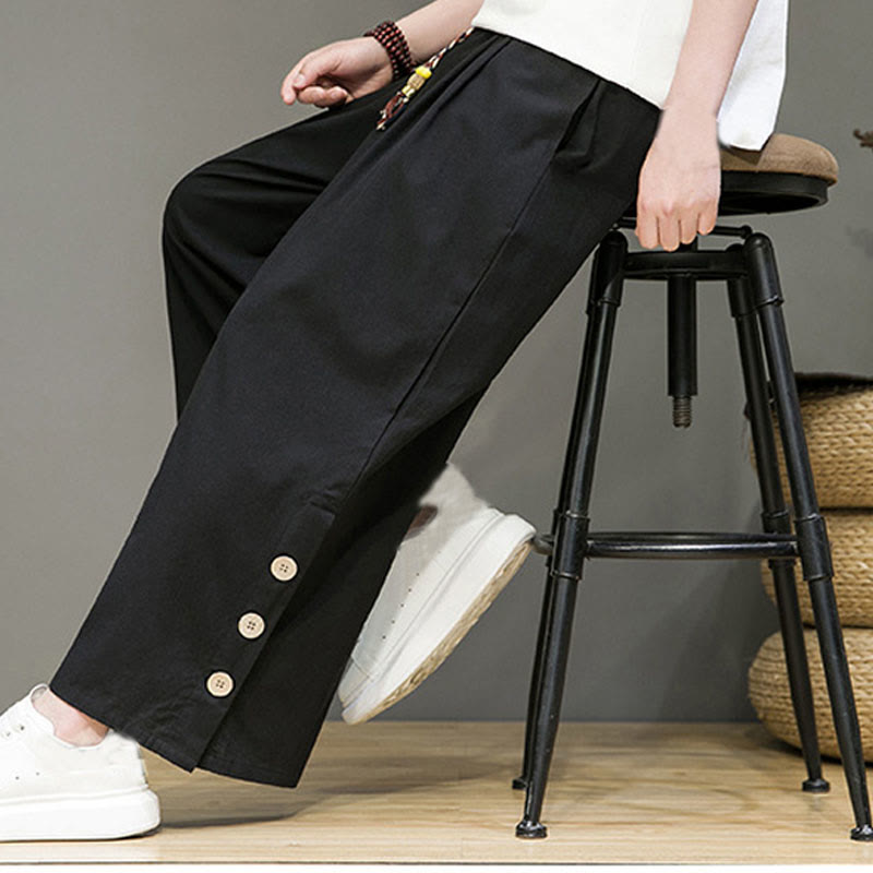 Solid Color Linen Buttons Drawstring Men's Straight Leg Pants With Pockets