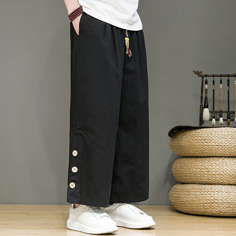 Solid Color Linen Buttons Drawstring Men's Straight Leg Pants With Pockets