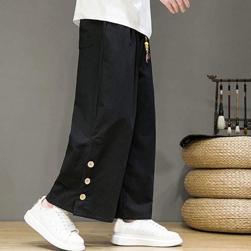 Solid Color Linen Buttons Drawstring Men's Straight Leg Pants With Pockets
