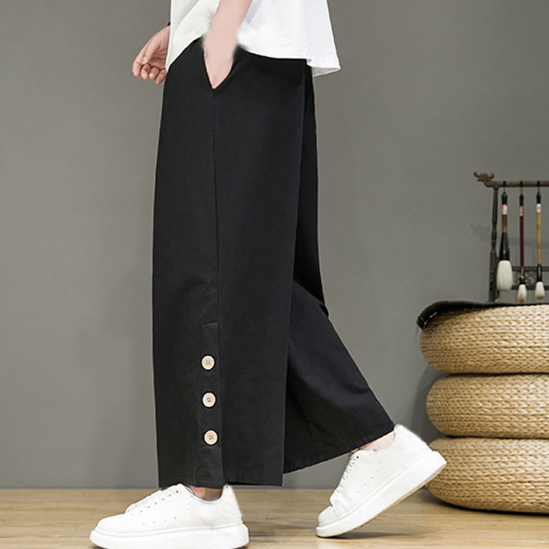 Solid Color Linen Buttons Drawstring Men's Straight Leg Pants With Pockets