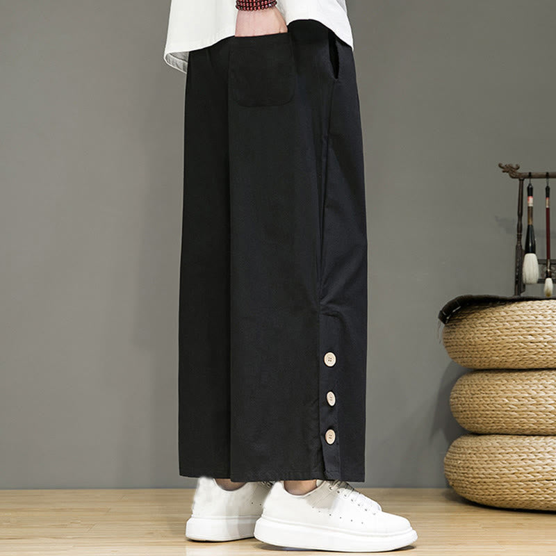 Solid Color Linen Buttons Drawstring Men's Straight Leg Pants With Pockets