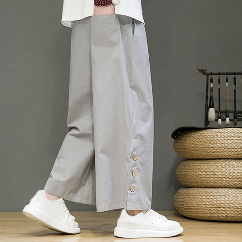 Solid Color Linen Buttons Drawstring Men's Straight Leg Pants With Pockets