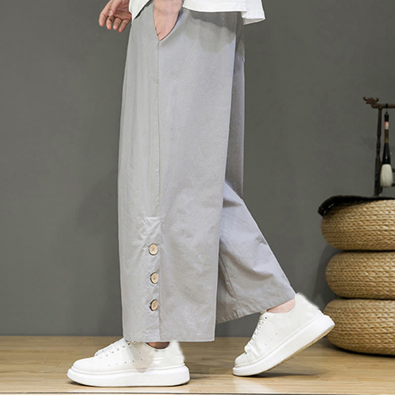 Solid Color Linen Buttons Drawstring Men's Straight Leg Pants With Pockets