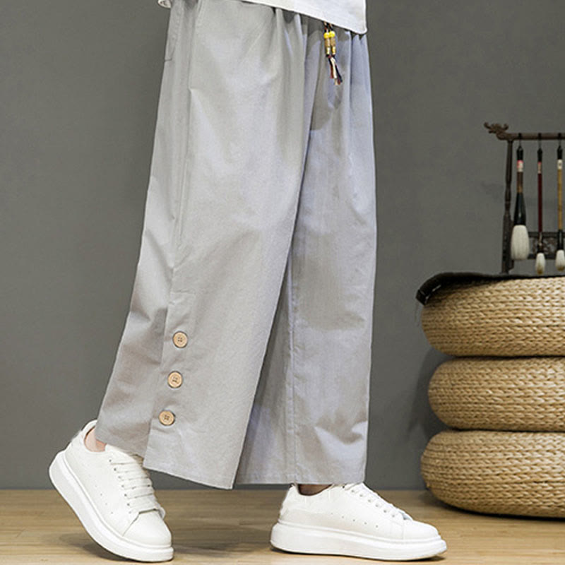 Solid Color Linen Buttons Drawstring Men's Straight Leg Pants With Pockets