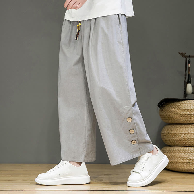 Solid Color Linen Buttons Drawstring Men's Straight Leg Pants With Pockets