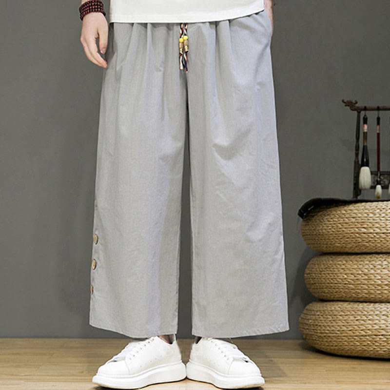 Solid Color Linen Buttons Drawstring Men's Straight Leg Pants With Pockets