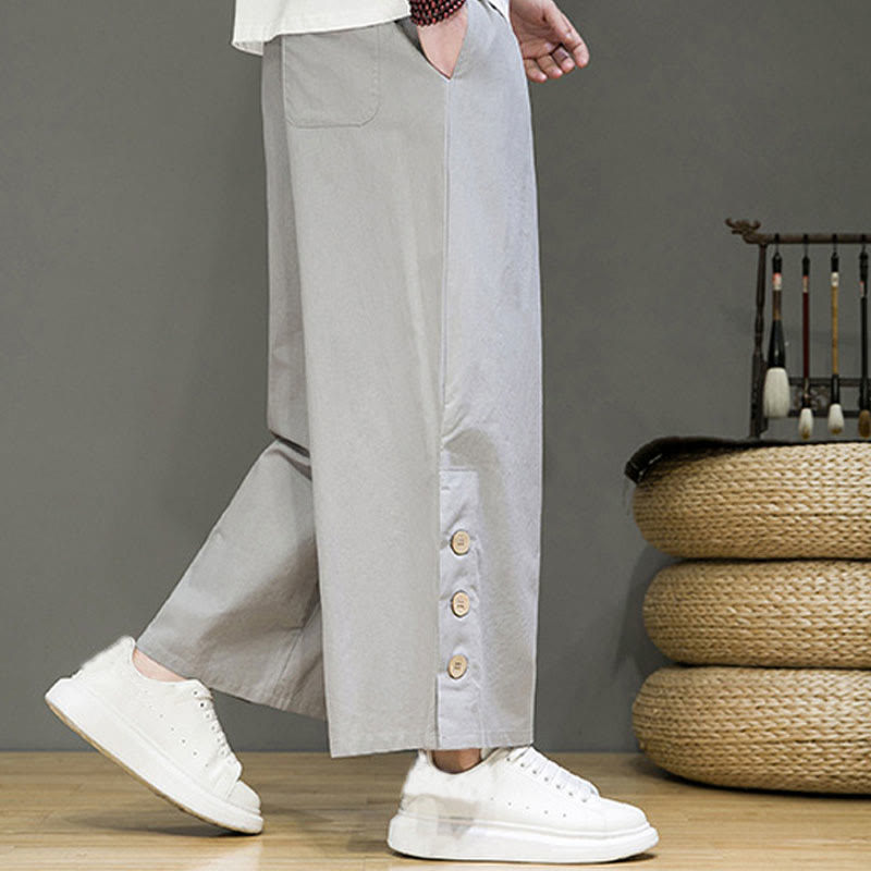 Solid Color Linen Buttons Drawstring Men's Straight Leg Pants With Pockets