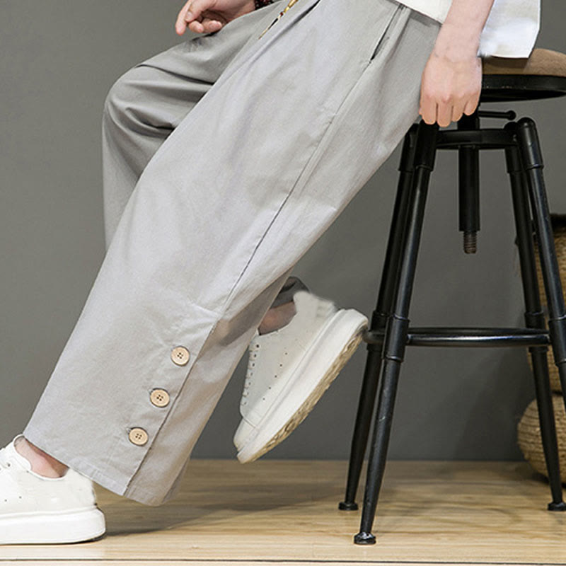 Solid Color Linen Buttons Drawstring Men's Straight Leg Pants With Pockets