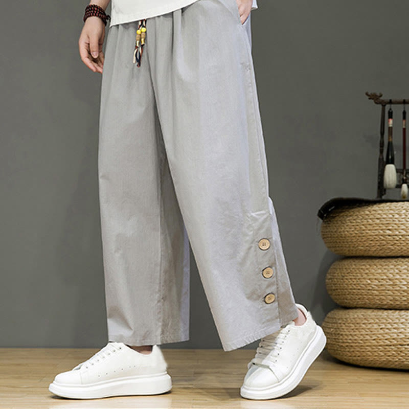Solid Color Linen Buttons Drawstring Men's Straight Leg Pants With Pockets