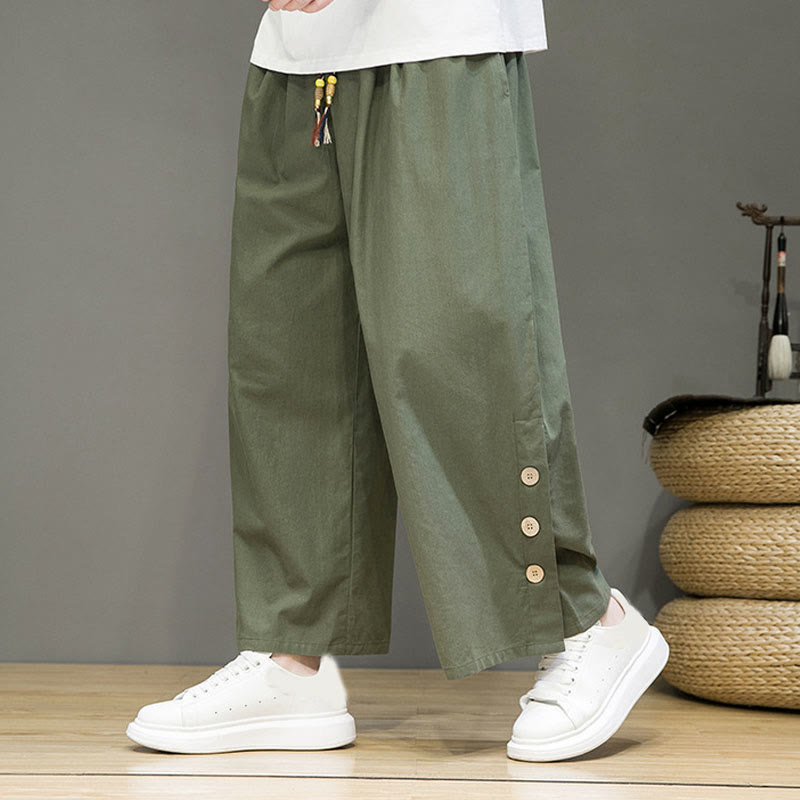 Solid Color Linen Buttons Drawstring Men's Straight Leg Pants With Pockets