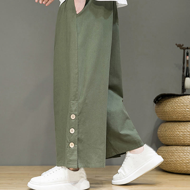 Solid Color Linen Buttons Drawstring Men's Straight Leg Pants With Pockets
