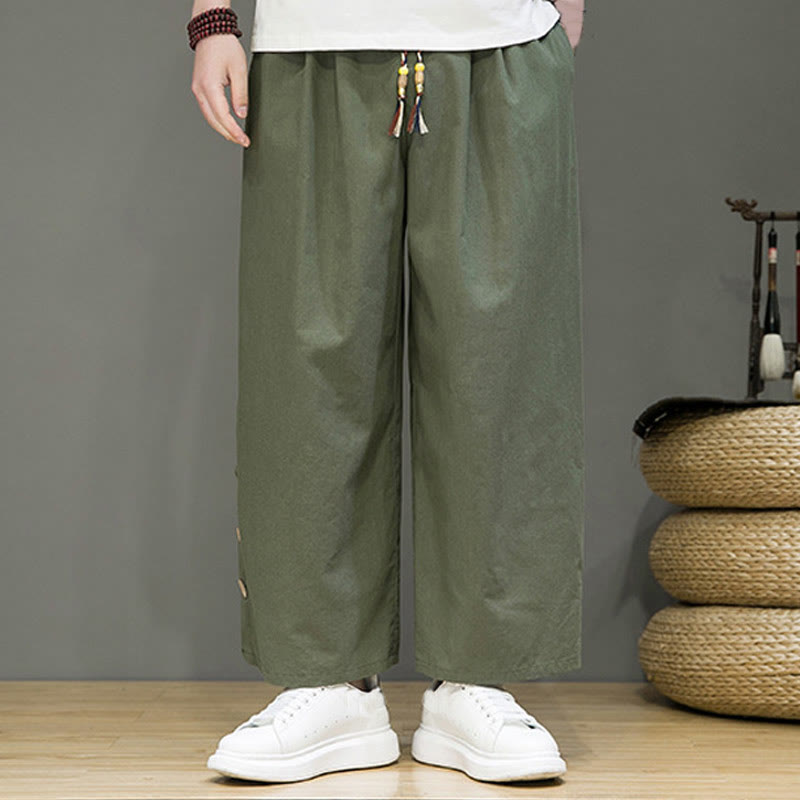 Solid Color Linen Buttons Drawstring Men's Straight Leg Pants With Pockets