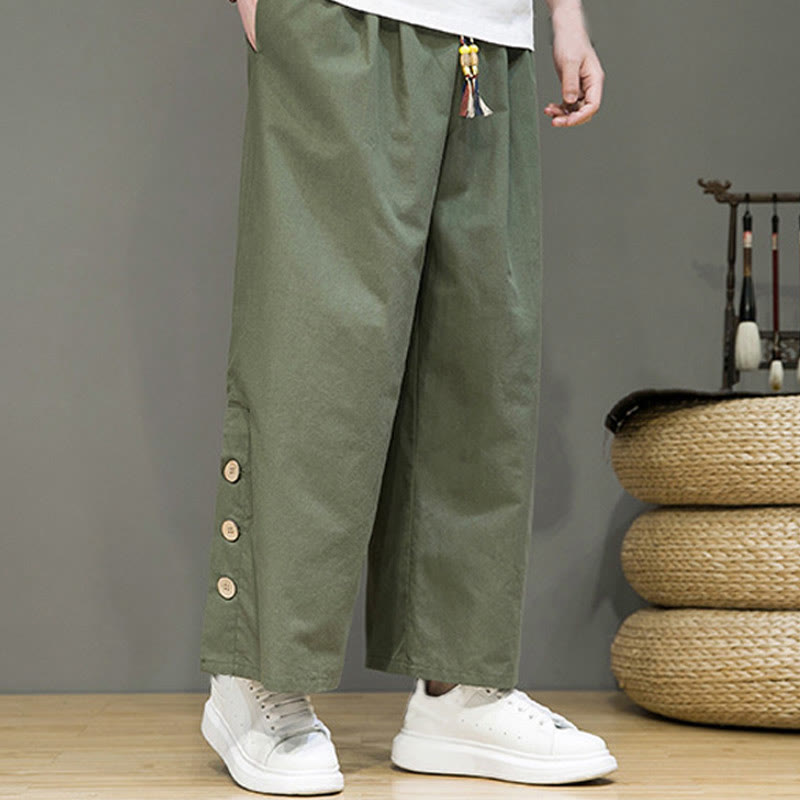 Solid Color Linen Buttons Drawstring Men's Straight Leg Pants With Pockets