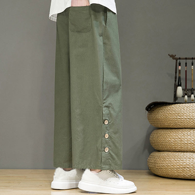 Solid Color Linen Buttons Drawstring Men's Straight Leg Pants With Pockets