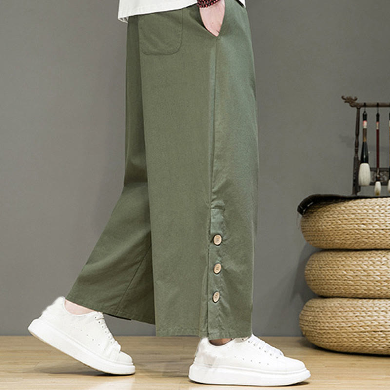 Solid Color Linen Buttons Drawstring Men's Straight Leg Pants With Pockets
